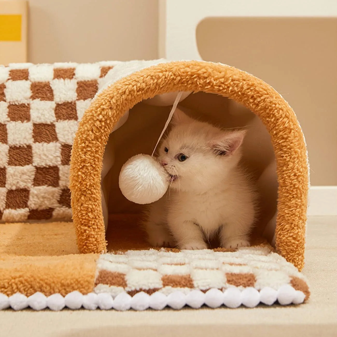 XL fan-shaped plush pet bed tunnel with a coffee plaid pattern and anti-slip base.