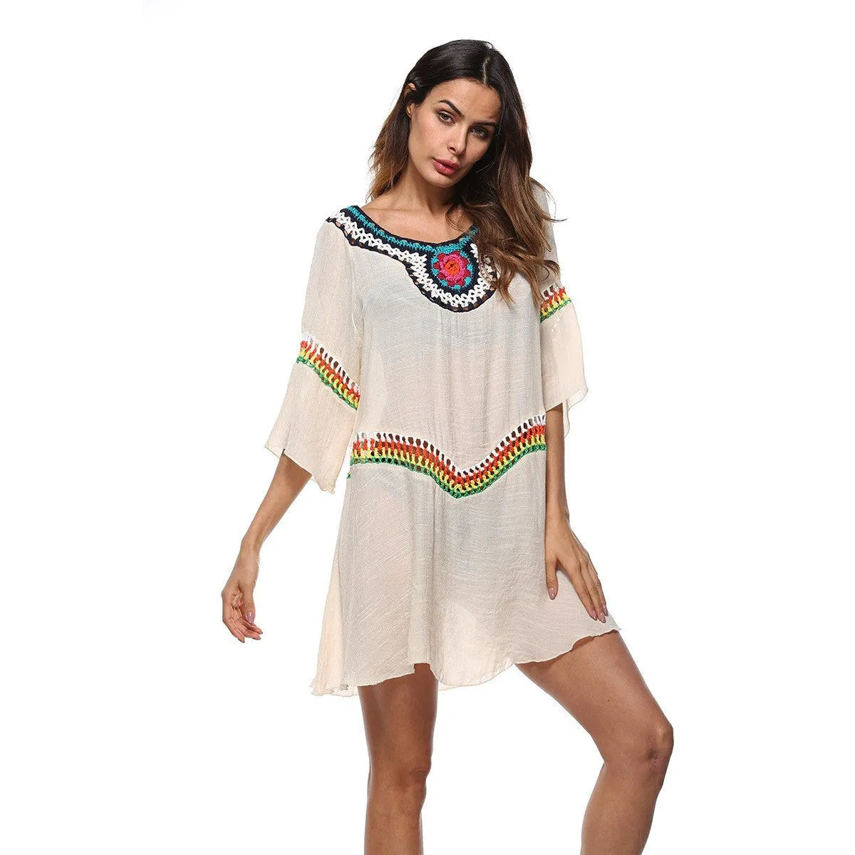 Crocheted ethnic style beach sun protection clothing for women in white, black, blue or apricot