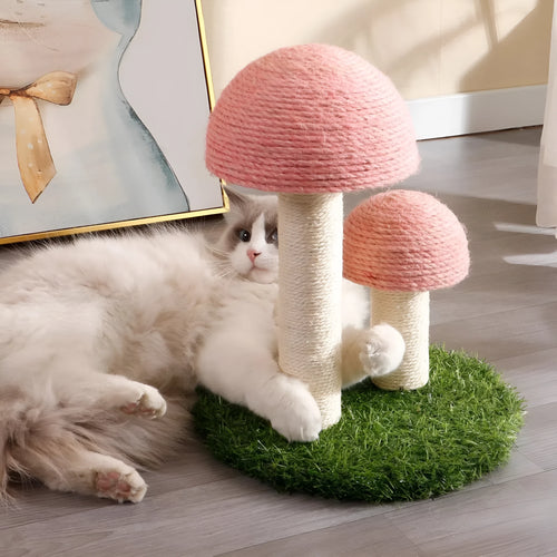Pink mushroom-shaped cat scratching post with natural sisal caps for small cats