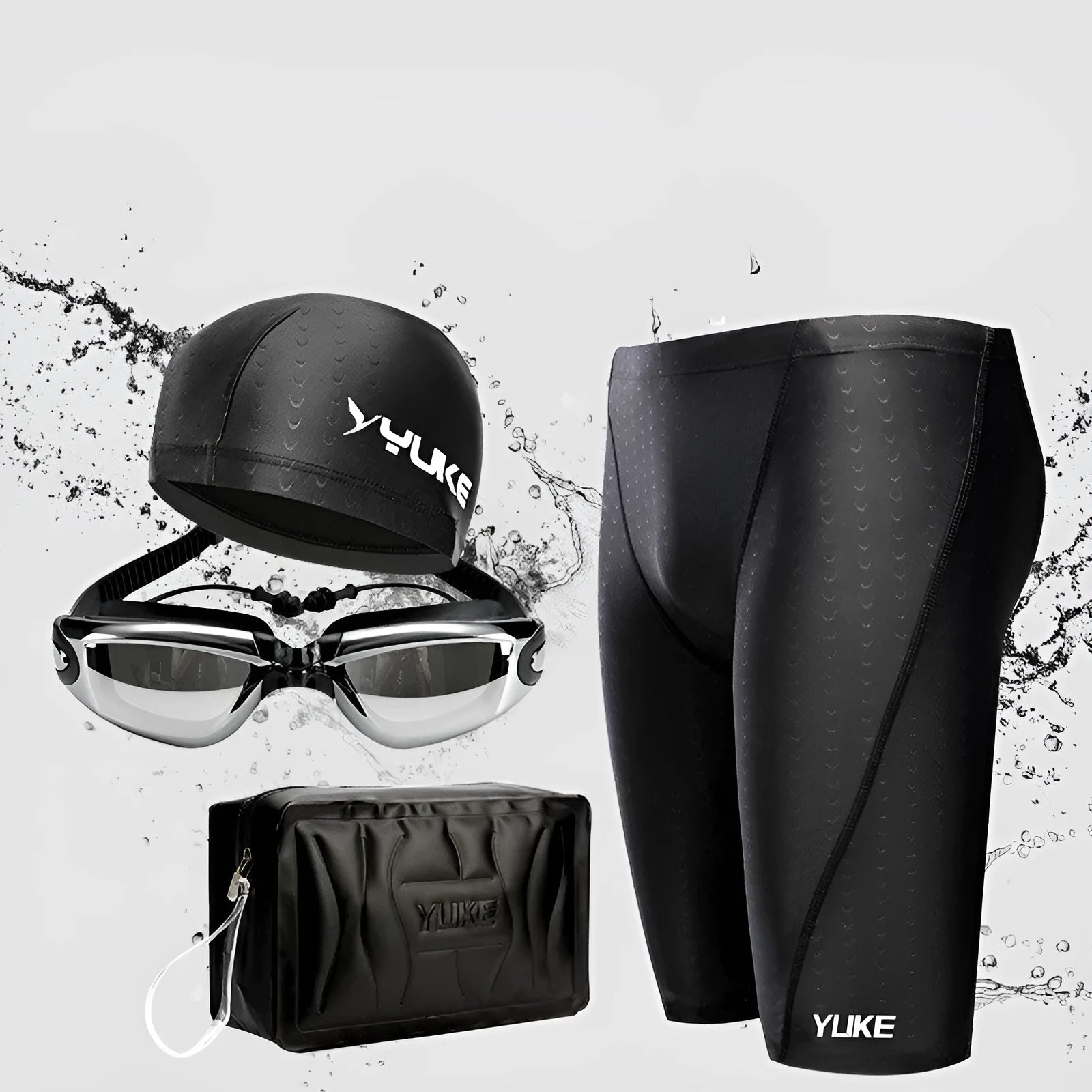 Men's black 5-piece swimming set including trunks, goggles, cap, ear plugs with nose clip, and carrying bag.