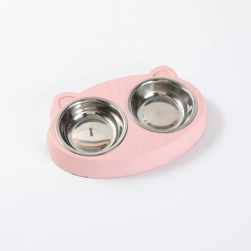 Blue macaron-shaped plastic pet feeder with two bowls for cat and dog feeding
