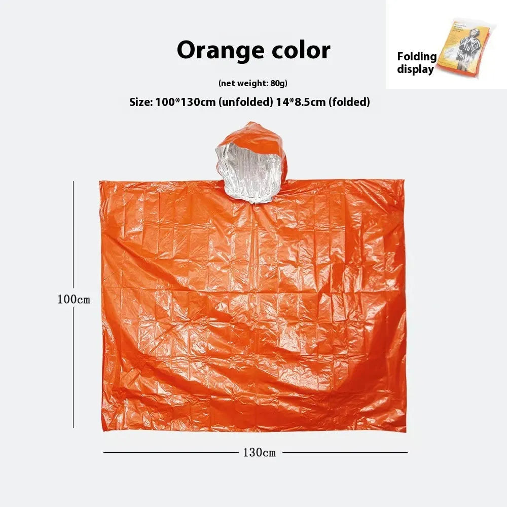 Wild Cross-country Multifunctional Raincoat in orange and army green colours, laid flat showing 100x130cm size.