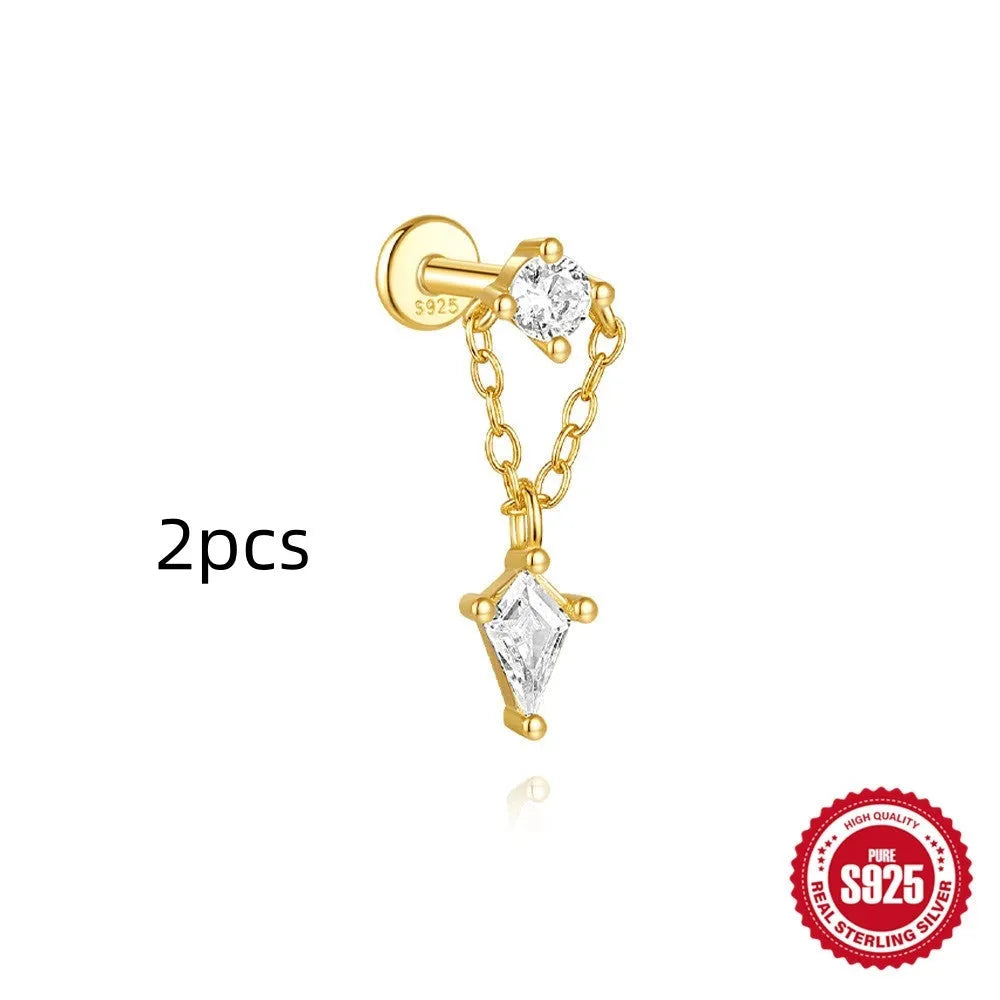 S925 sterling silver geometric kite-shaped earring with rhinestone chain tassel in a gold colour finish.