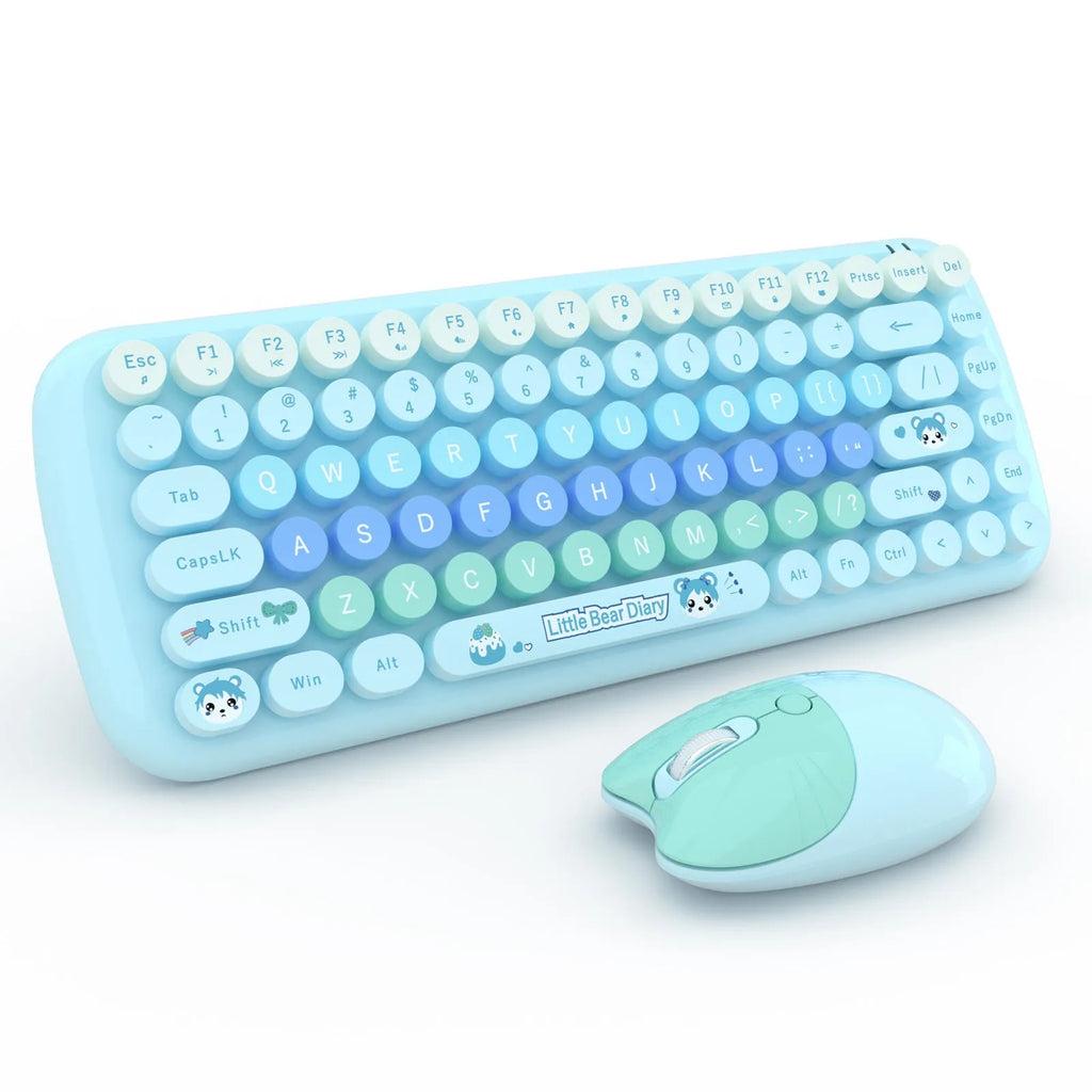 Candy pink wireless keyboard and mouse set with compact cartoon-style design on a desk.