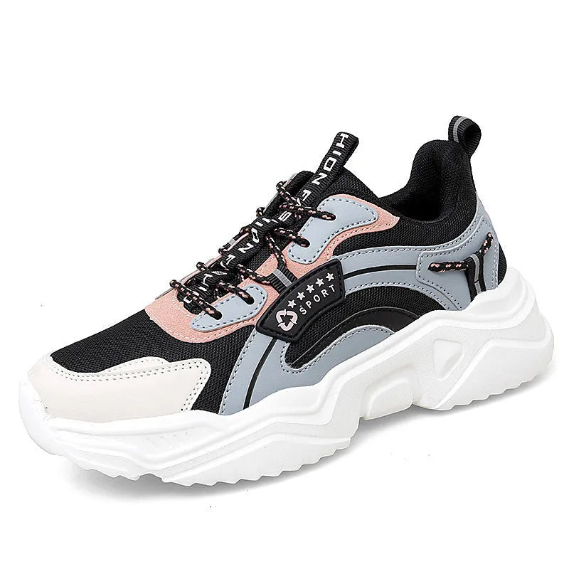 Women's white chunky casual sports shoes with mesh upper and thick mid-heel sole.