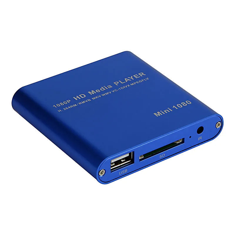 Blue 1080p HDMI media player with USB and SD card slots on compact all-metal chassis