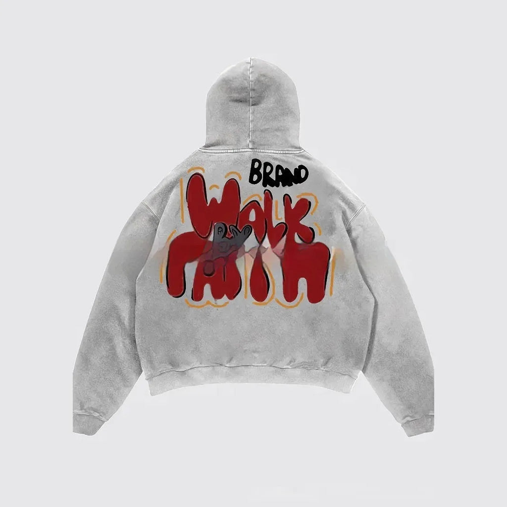 Women's granny grey vintage harajuku hoodie with character letter print and front pocket.