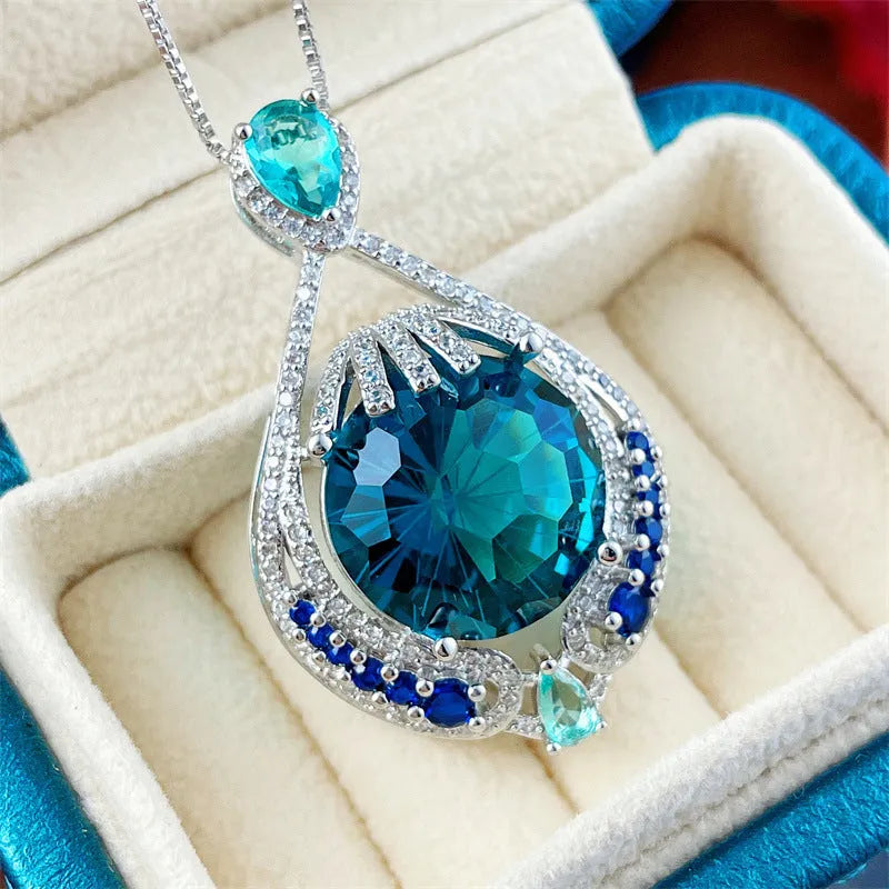 Blue fireworks cut crystal pendant necklace with water wave chain