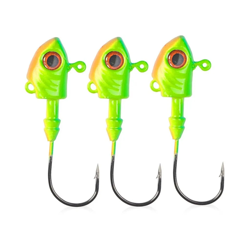 Yayu-shaped lead head hook fishing lure simulation in blue, silver, and yellow colours showing different weight sizes.