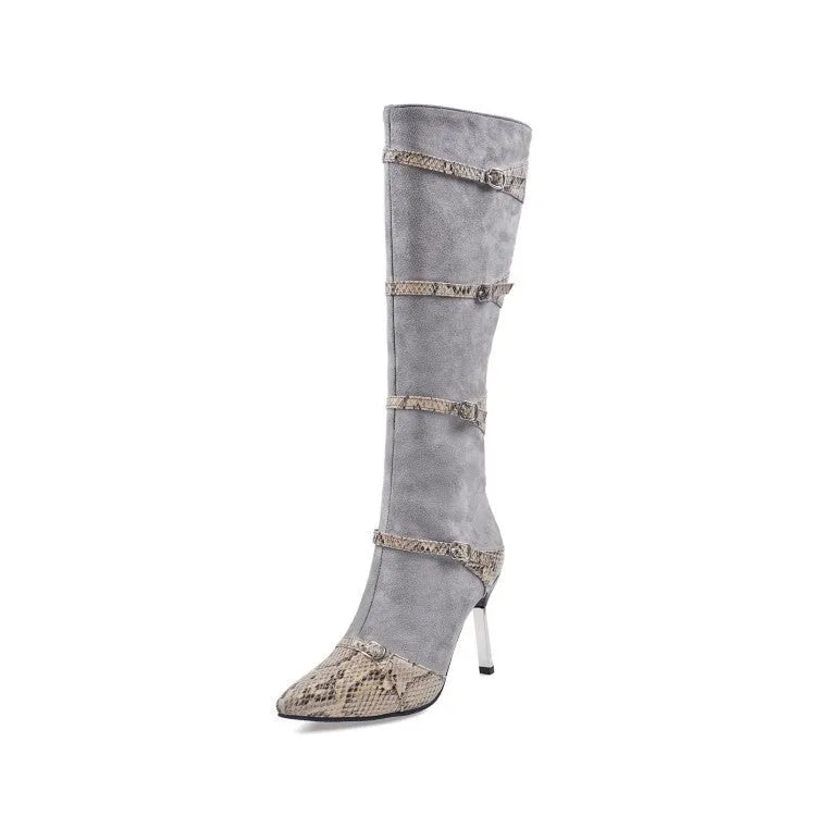 Grey women's knee-high boots with a thin high heel on a rubber sole.