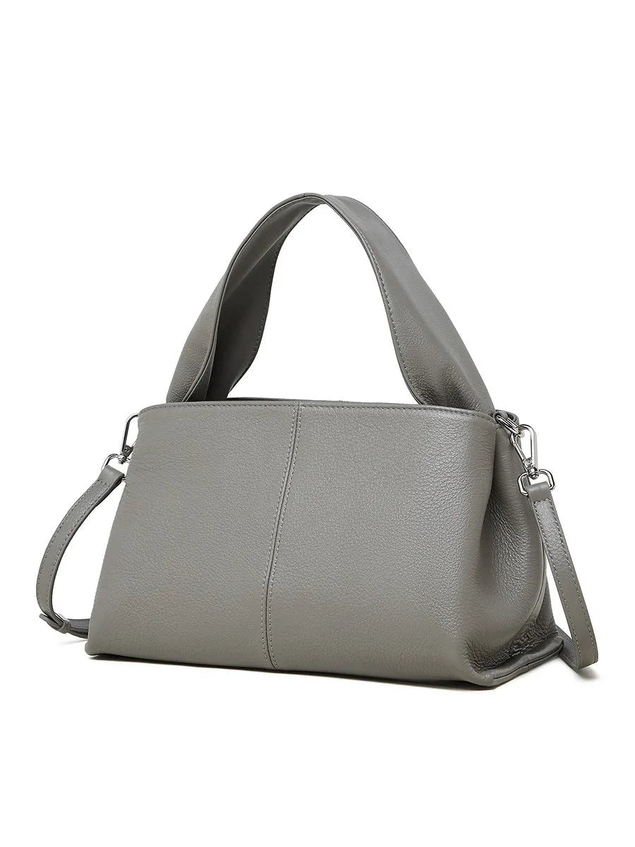 Genuine cowhide leather women's messenger bag in solid colour with double shoulder straps