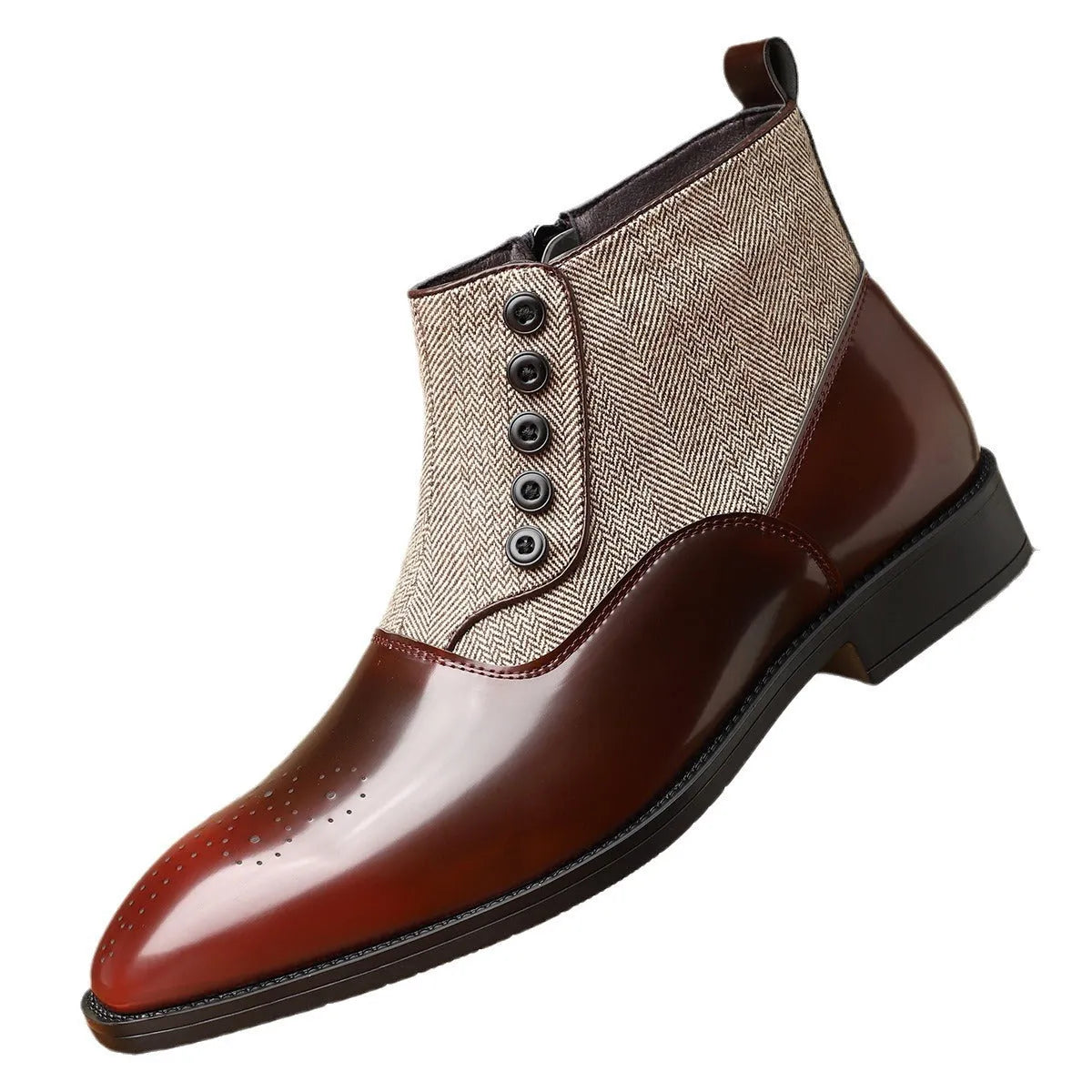 Men's brown retro formal shoes with a side zipper, square toe, and low square heel on a rubber sole.