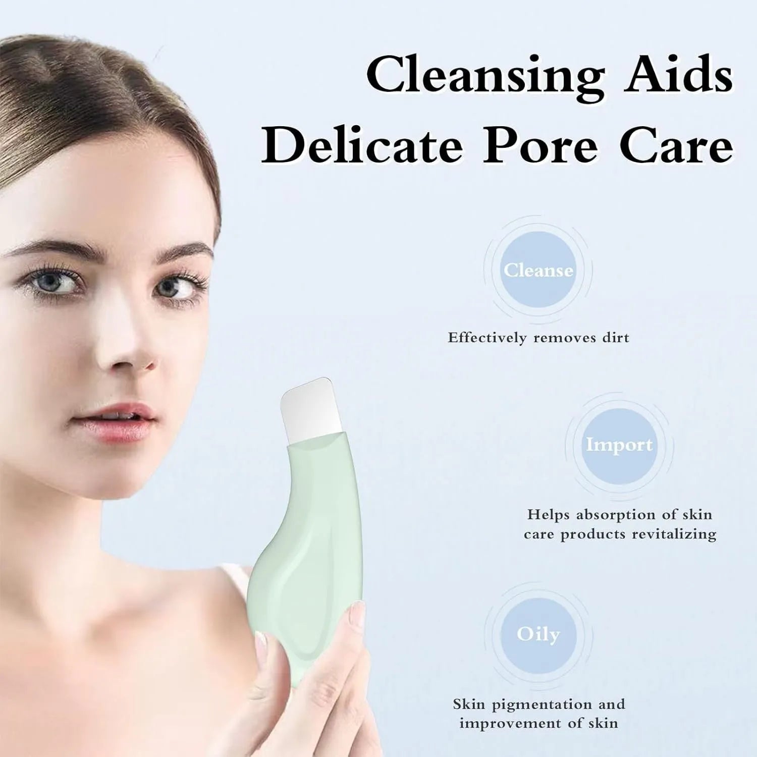 Stainless steel blackhead scraper tool with a non-slip handle for facial pore cleansing.