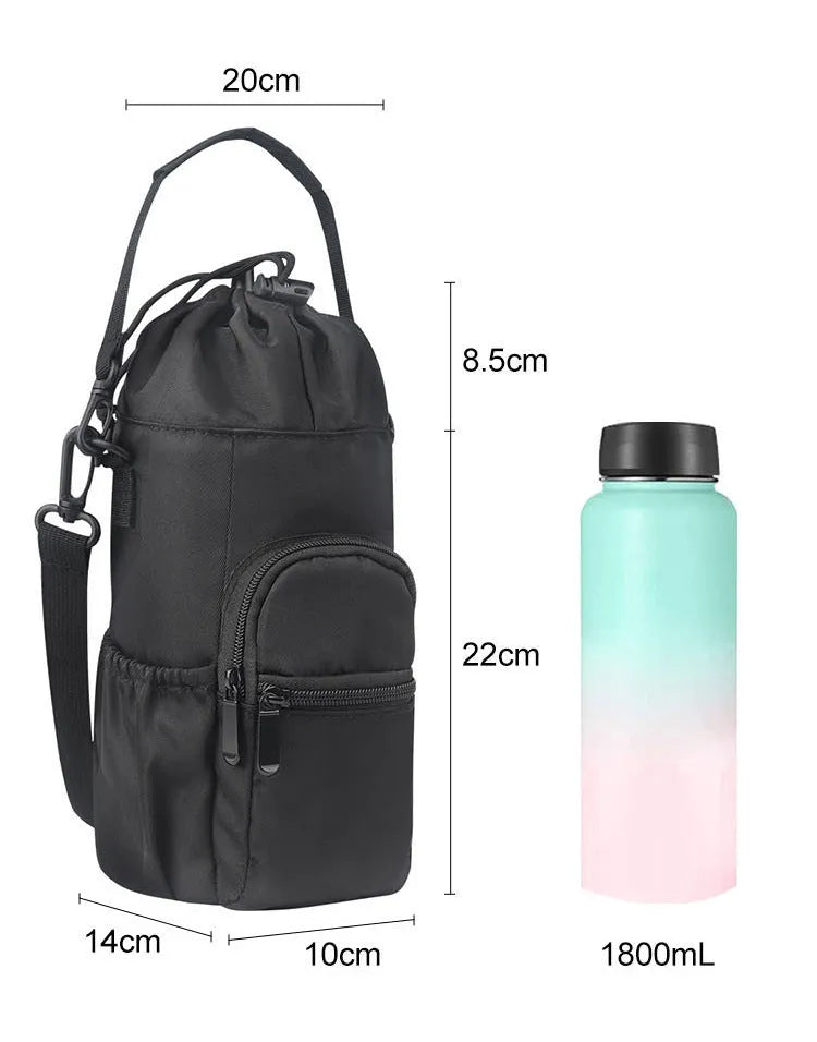 Cloth water bottle shoulder bag with crossbody strap in black, green, or pink colour
