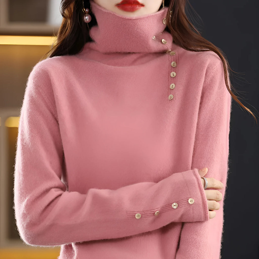 Women's core-spun yarn knitted bottoming shirt in light camel colour showing 40cm length and regular sleeves