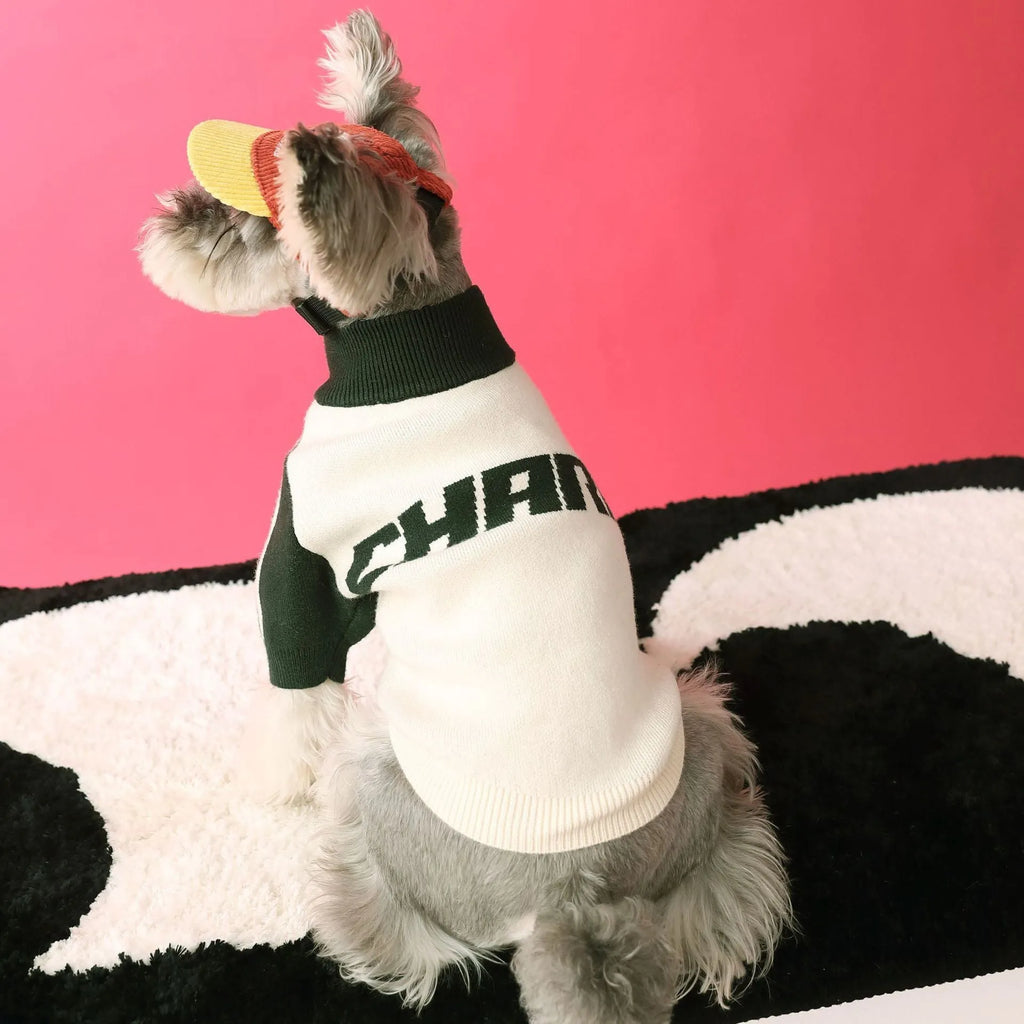 Red dog sports sweater cardigan on canine model showing wool fabric and front-opening design