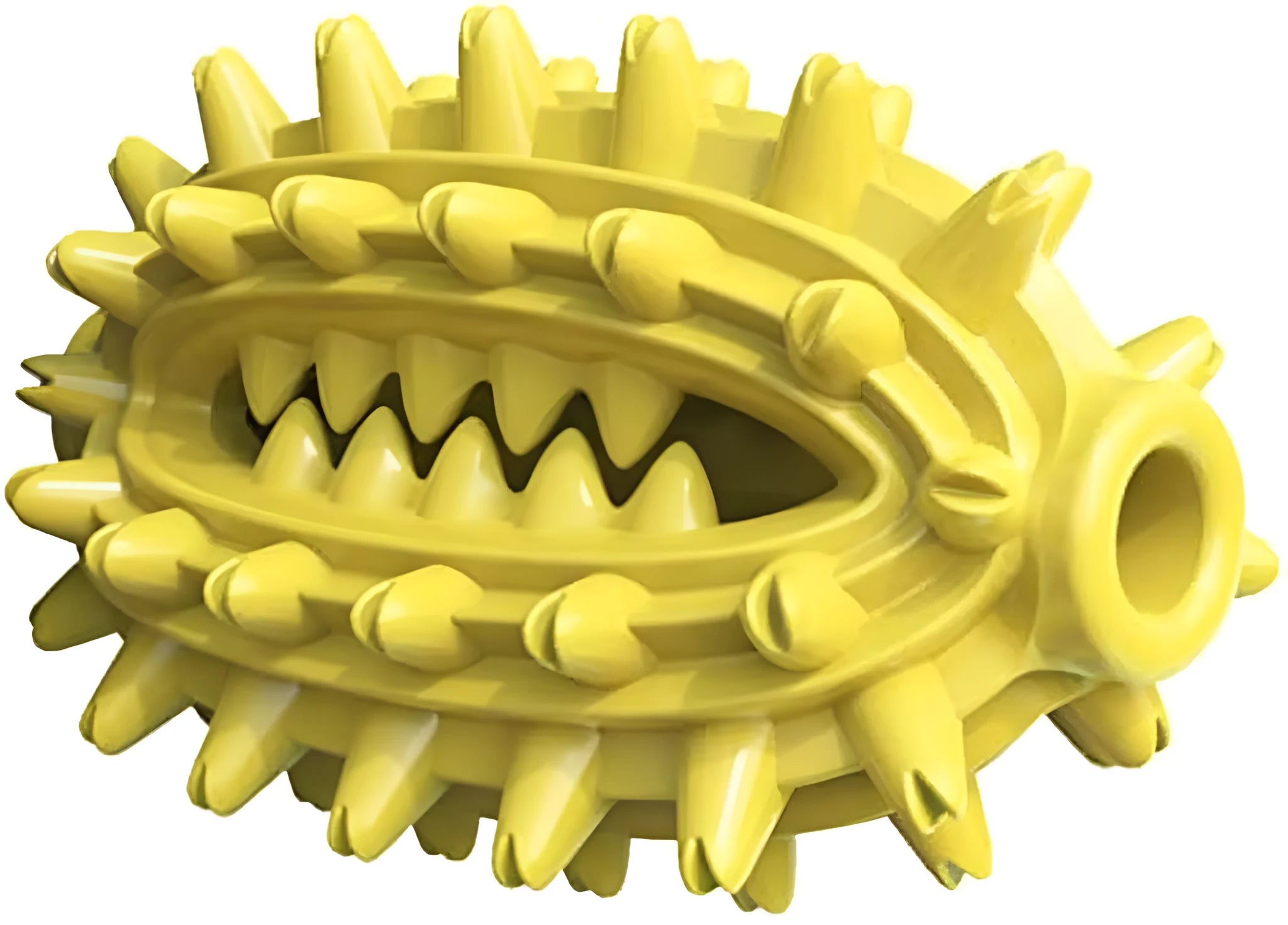 Green cactus-shaped dog chew toy with textured bumps and central food channel for dental cleaning