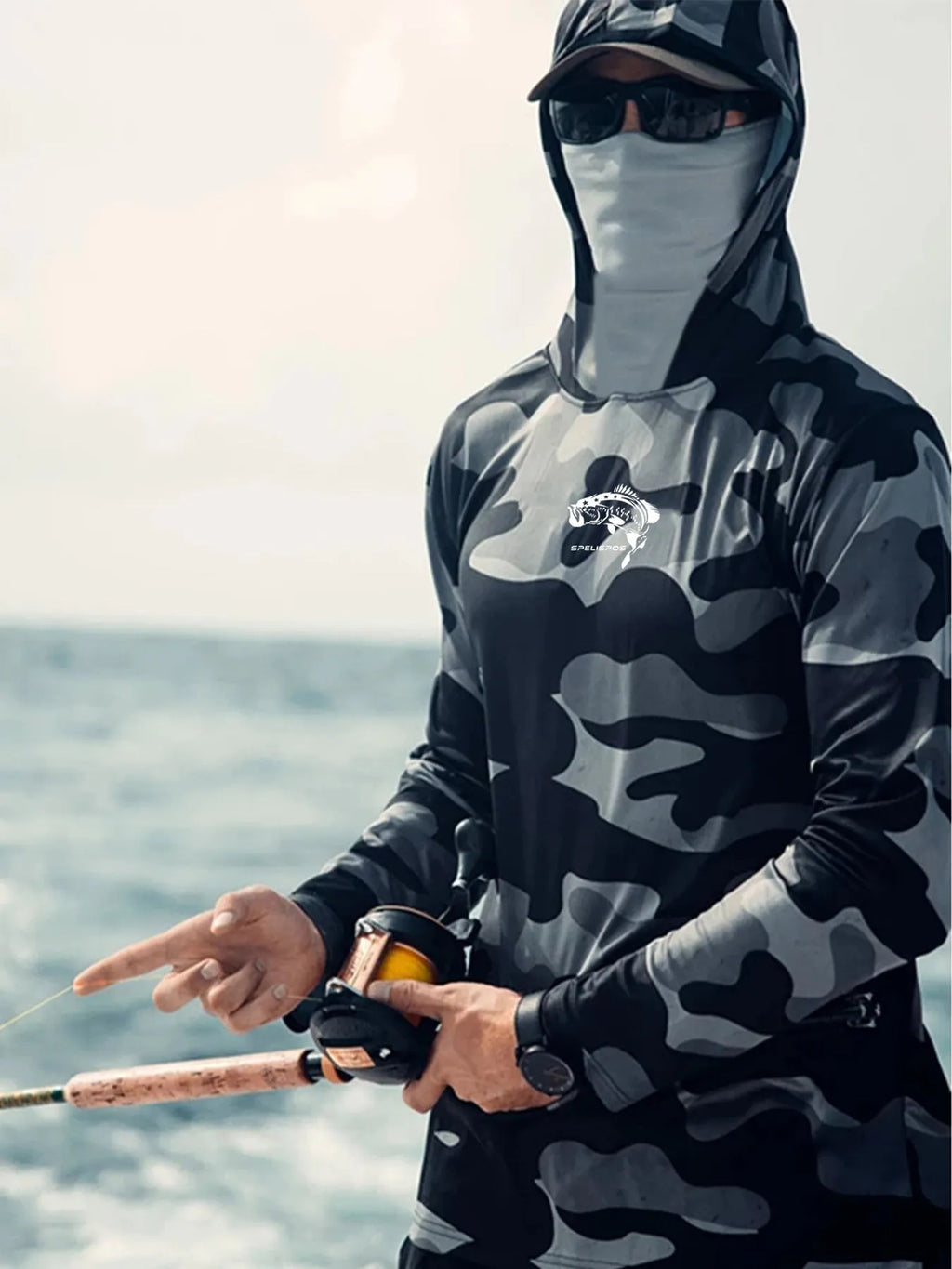Huk Pursuit men's grey long sleeve fishing hoodie showing mesh side panels and crew neck.