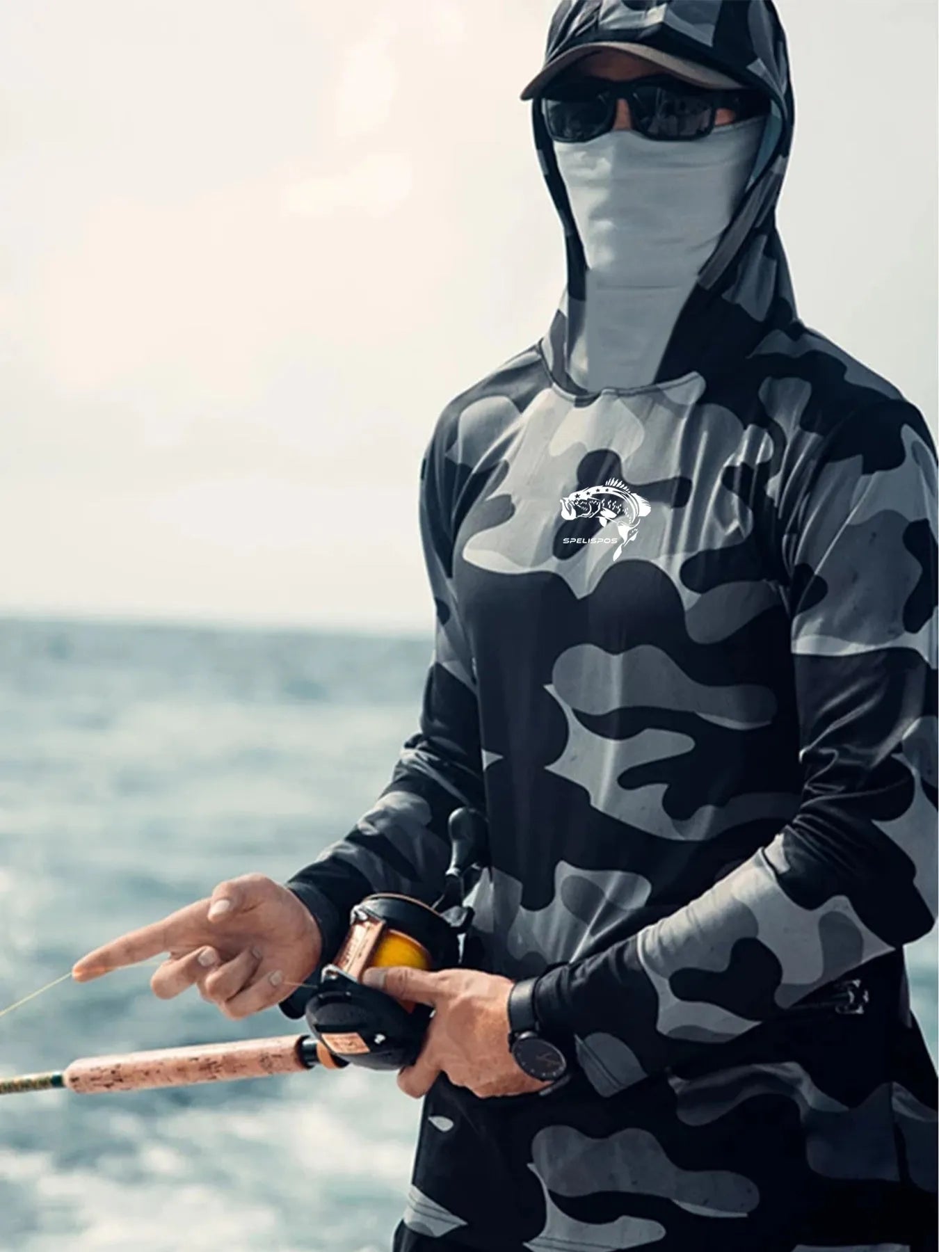 Huk Pursuit men's grey long sleeve fishing hoodie showing mesh side panels and crew neck.