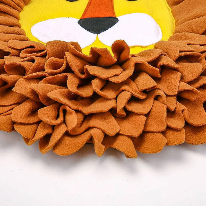 Brown lion design pet sniffing pad with textured surface for hiding dog or cat treats