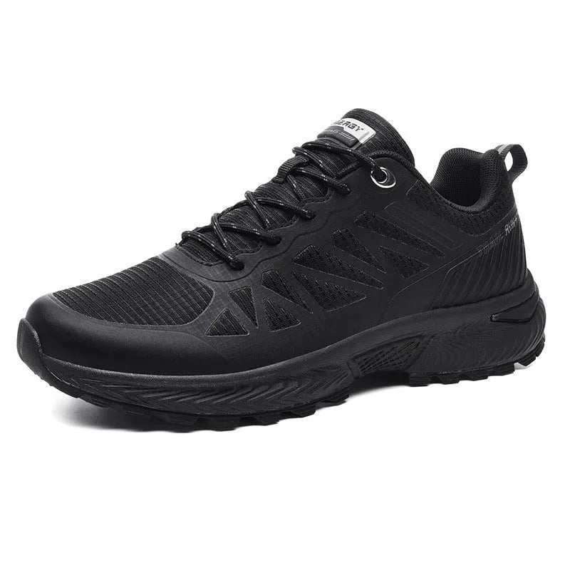 Men's plus size outdoor running shoes with mesh lining in black colour showing round toe shape and lace-up closure