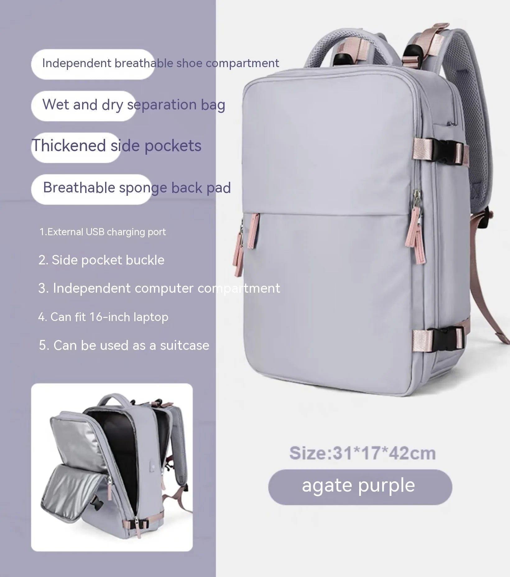 Large black waterproof nylon mummy backpack with zipped compartments.