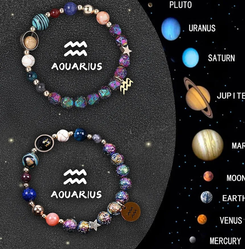 Set of two natural stone beaded bracelets with metal zodiac charms on an elastic cord.