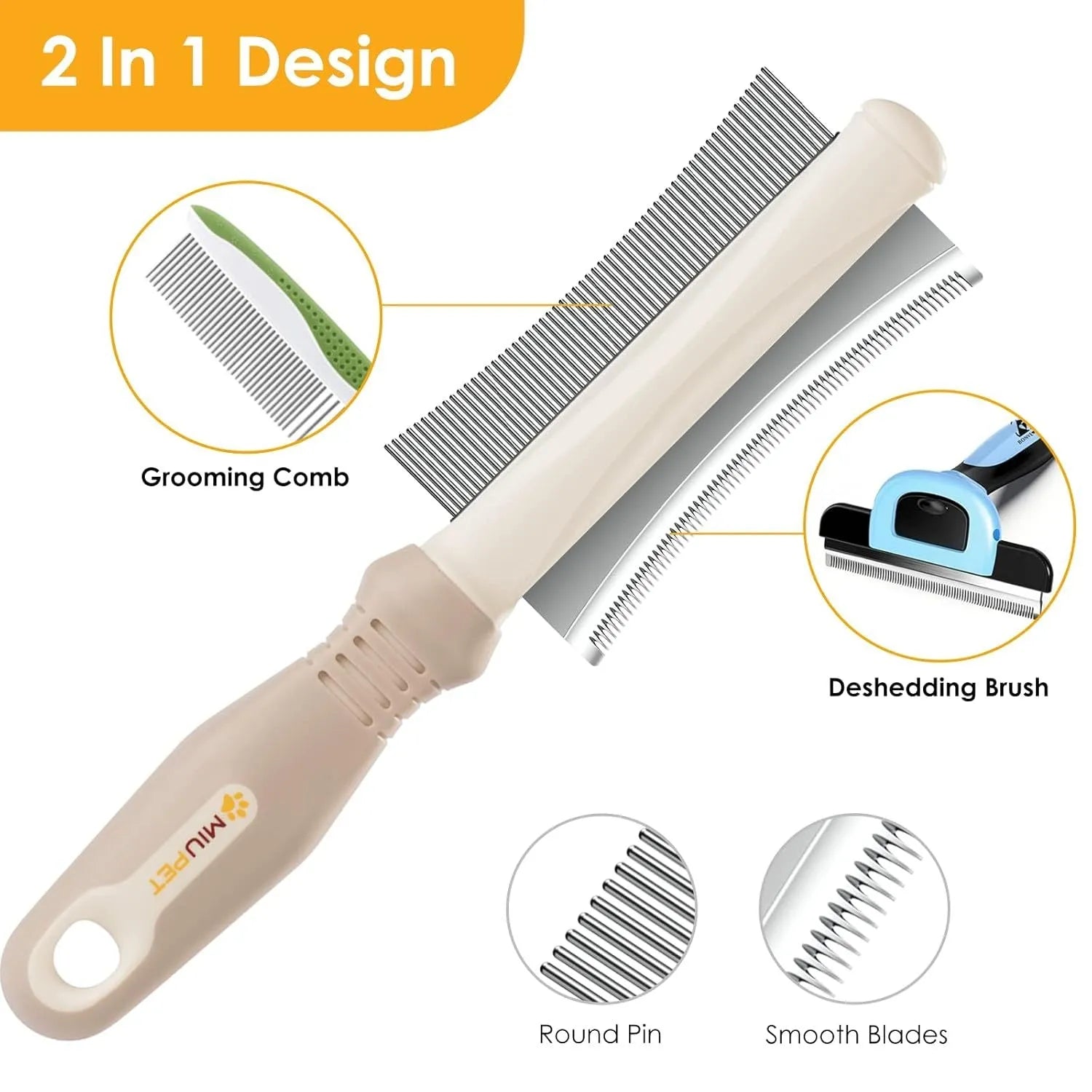 White double-sided dog and cat brush with curved comb and deshedding bristles on an ergonomic handle.