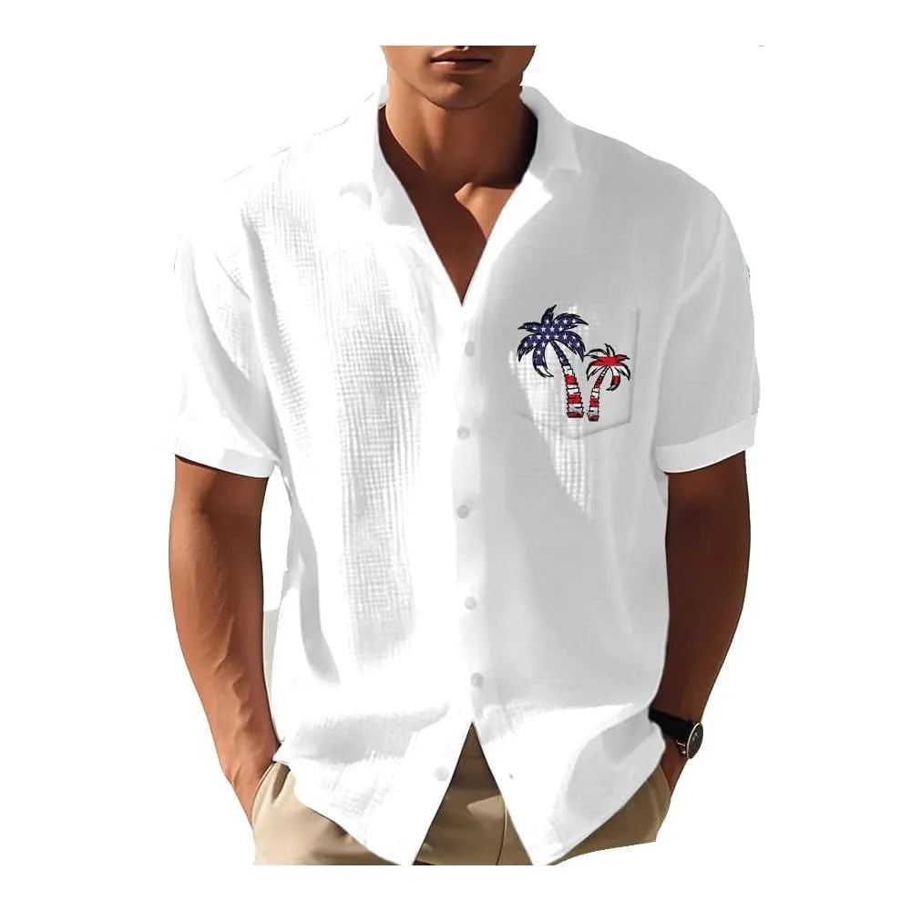 Men's short sleeve Hawaiian print shirt with colourful pattern on polyester fabric.