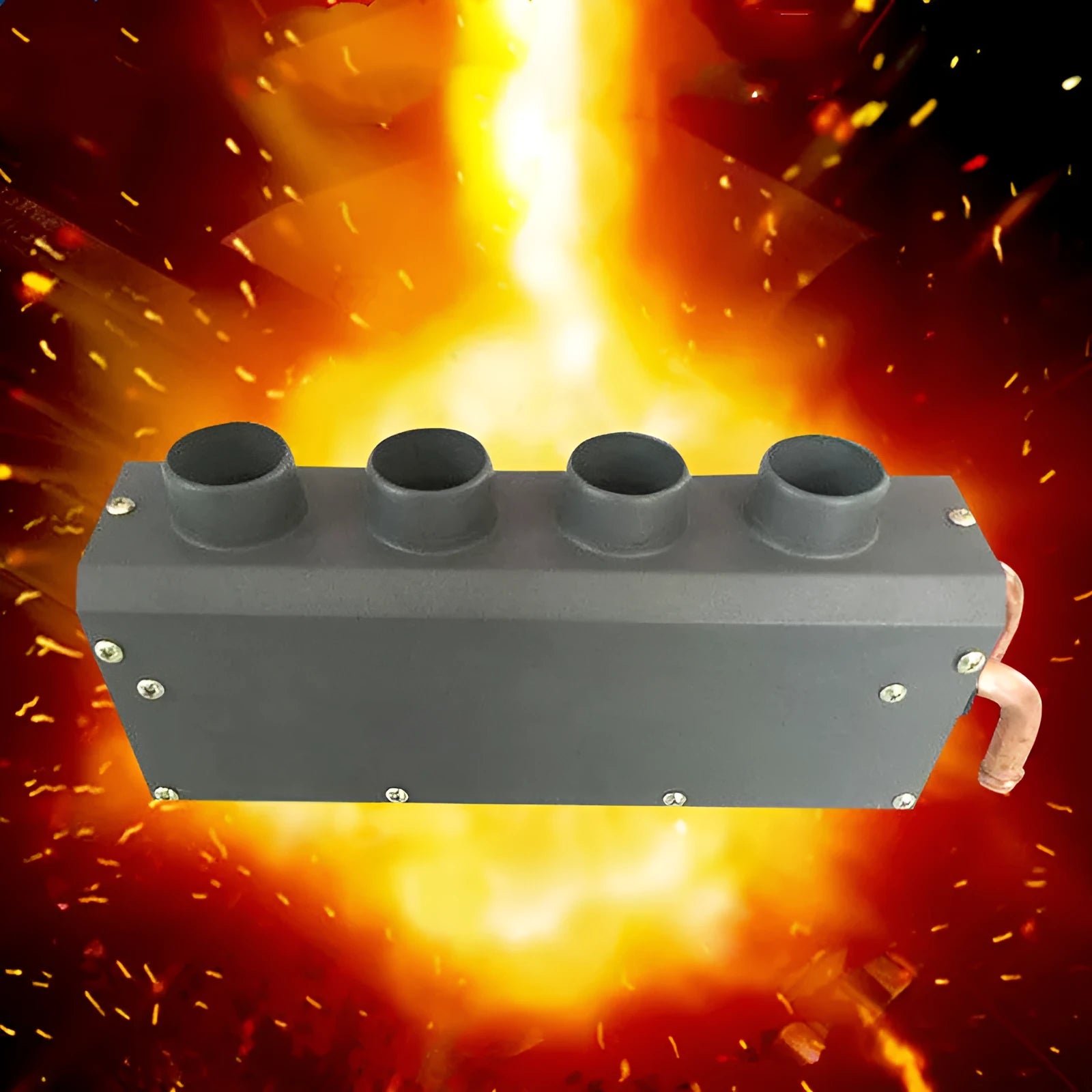 Metal car heater with copper pipe connections for 12V and 24V vehicle systems.