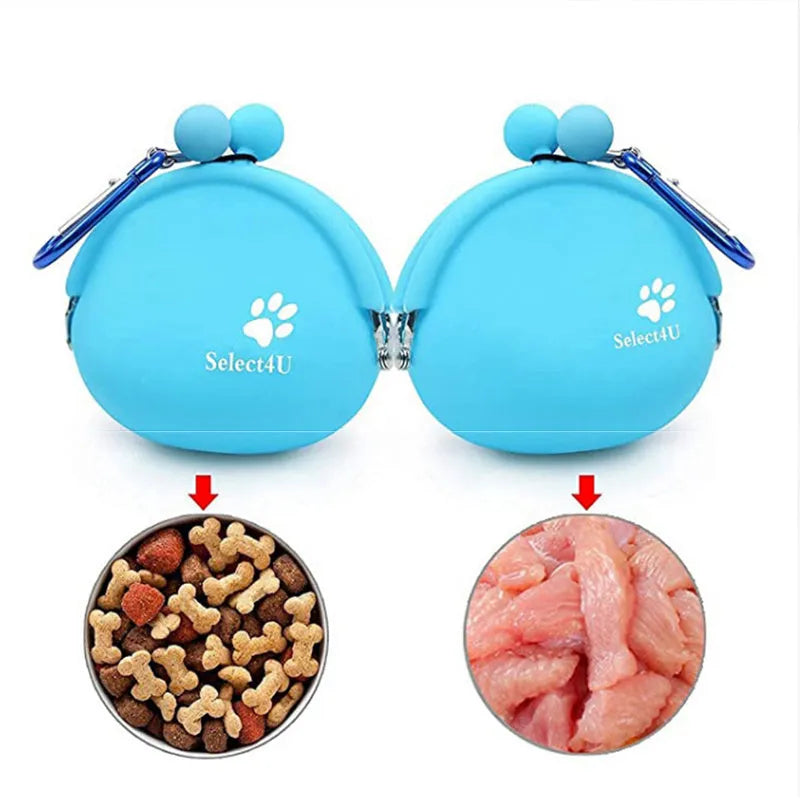 Yellow silicone dog treat bag with hook and loop closure for training and walks