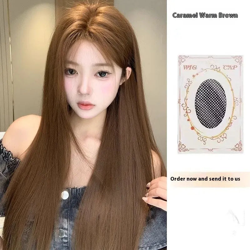 Centre-parted lace front wig with forehead lace and long straight hair in warm brown