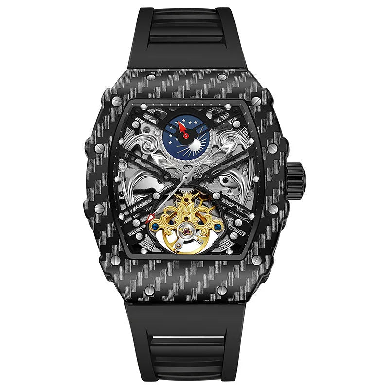 Men's black mechanical waterproof watch with luminous hands on a rubber strap, showing a transparent case back.