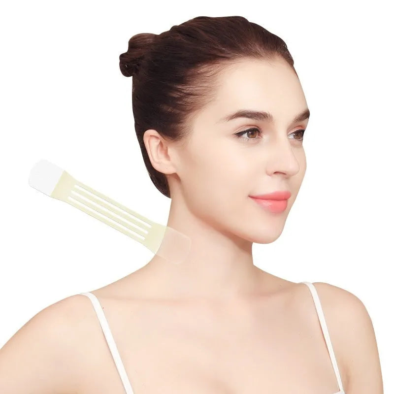 Skin colour neck firming adhesive tape set with four slings and twenty patches.