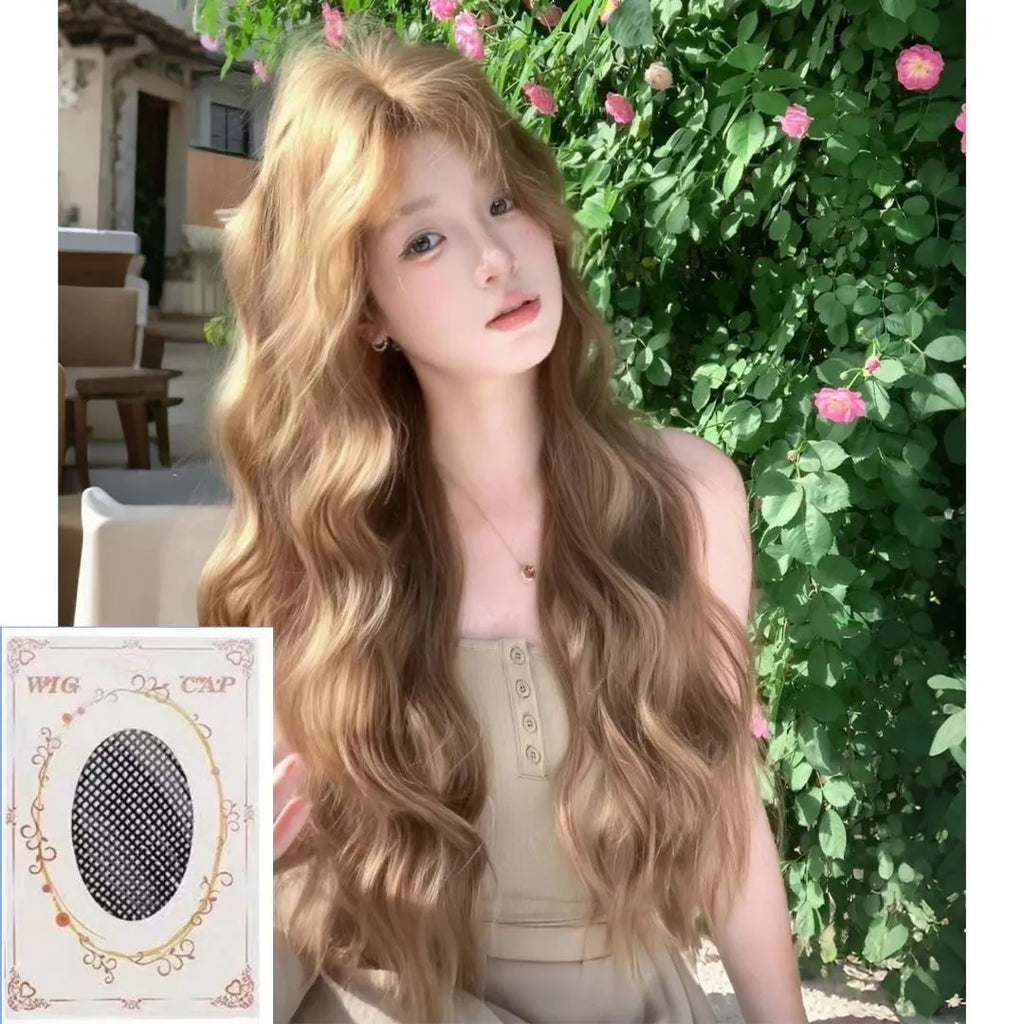 Medium length brown linen curly synthetic wig displayed with included hair net