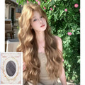 Medium length brown linen curly synthetic wig displayed with included hair net