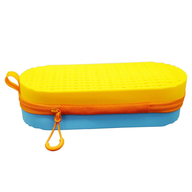 A rectangular silicone glasses case in rose red light purple, showing its slim 200mm x 80mm x 50mm profile.