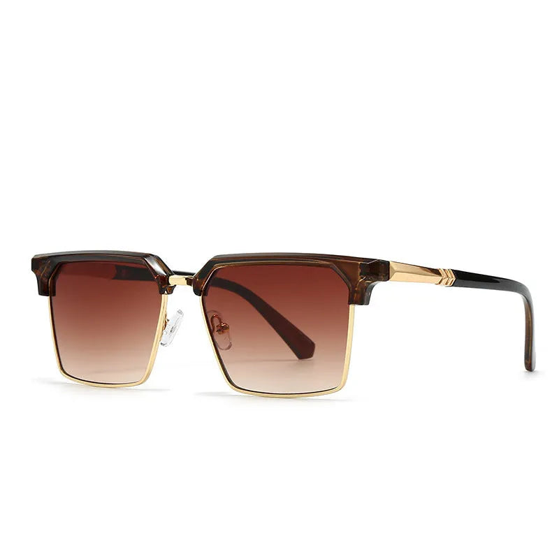 Men's square sunglasses with plastic frames shown in six colour options including black, grey, tea, green and blue variations