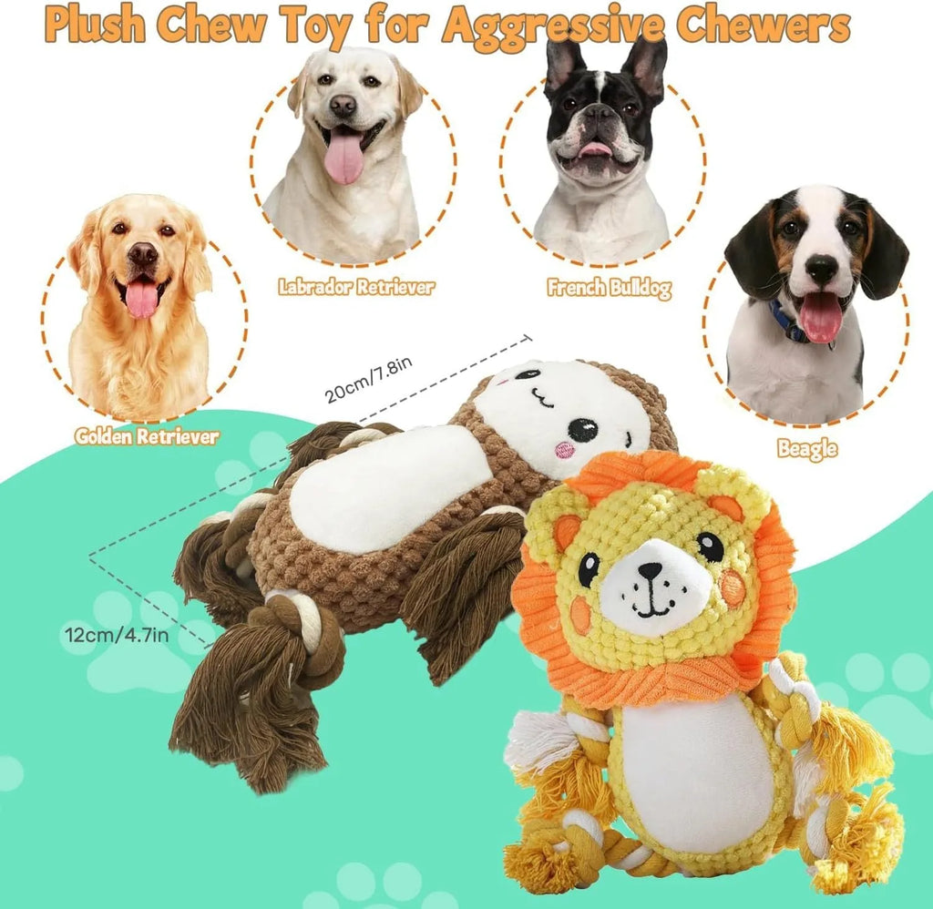 Lion and monkey soft plush squeaky dog toys side by side.