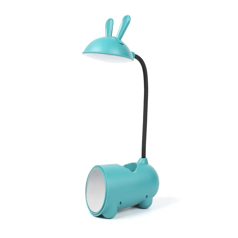 Cartoon-style USB desktop lamp with pen container in green, dark blue, or pink colour