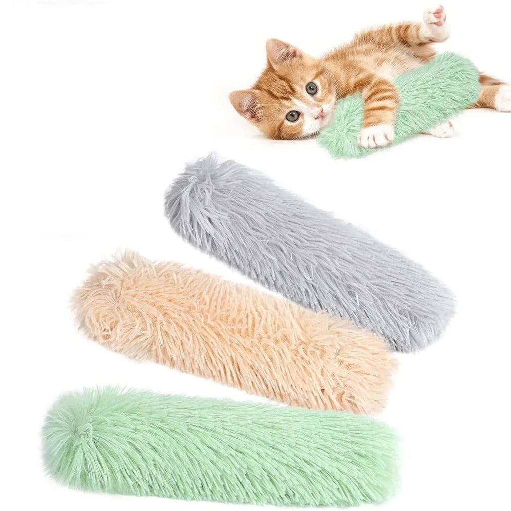 Soft plush cat toy pillow in blue, green, pink, or white, measuring 27cm by 10cm.