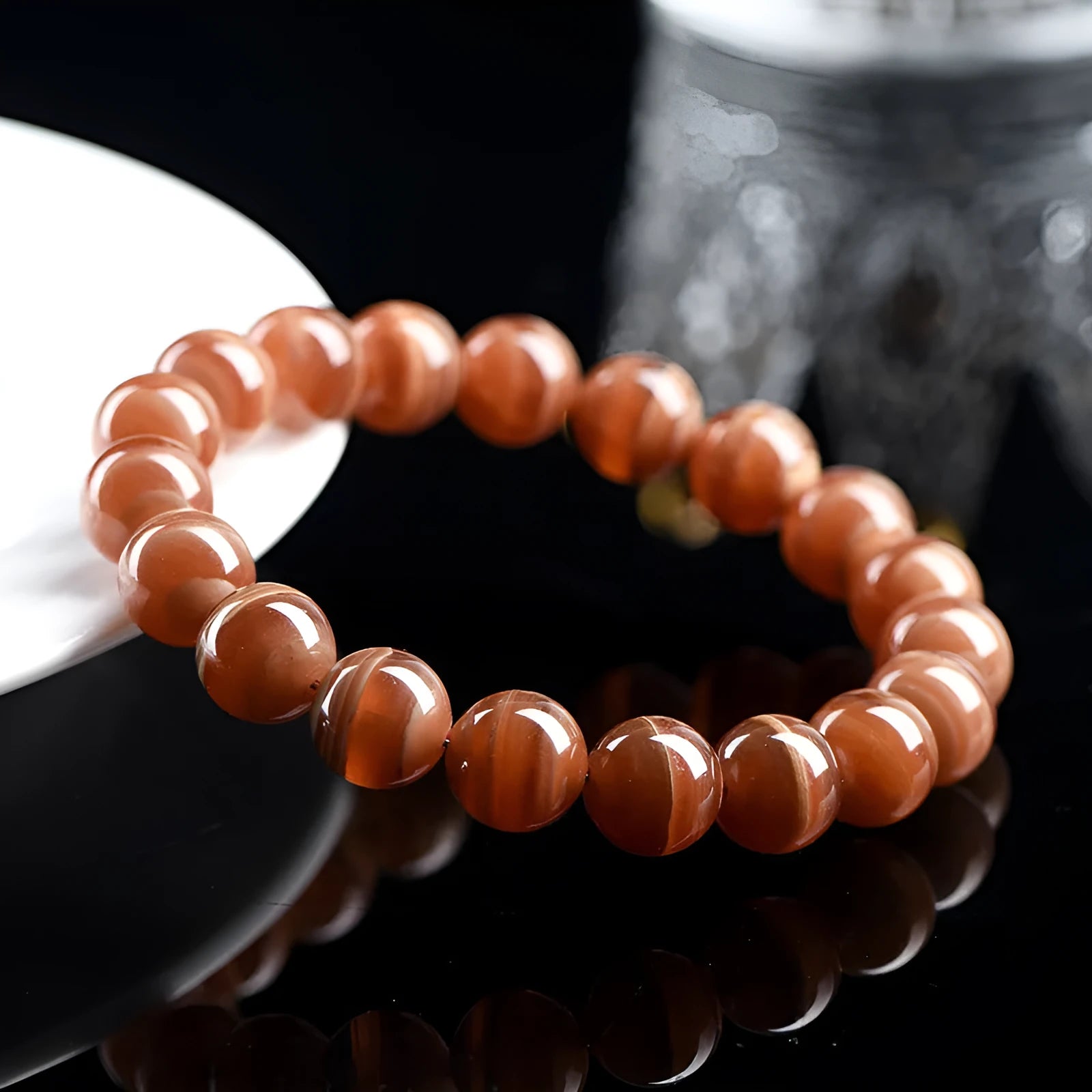 Natural Old Mine Rhodochrosite round beads bracelet from Peru with geometric design