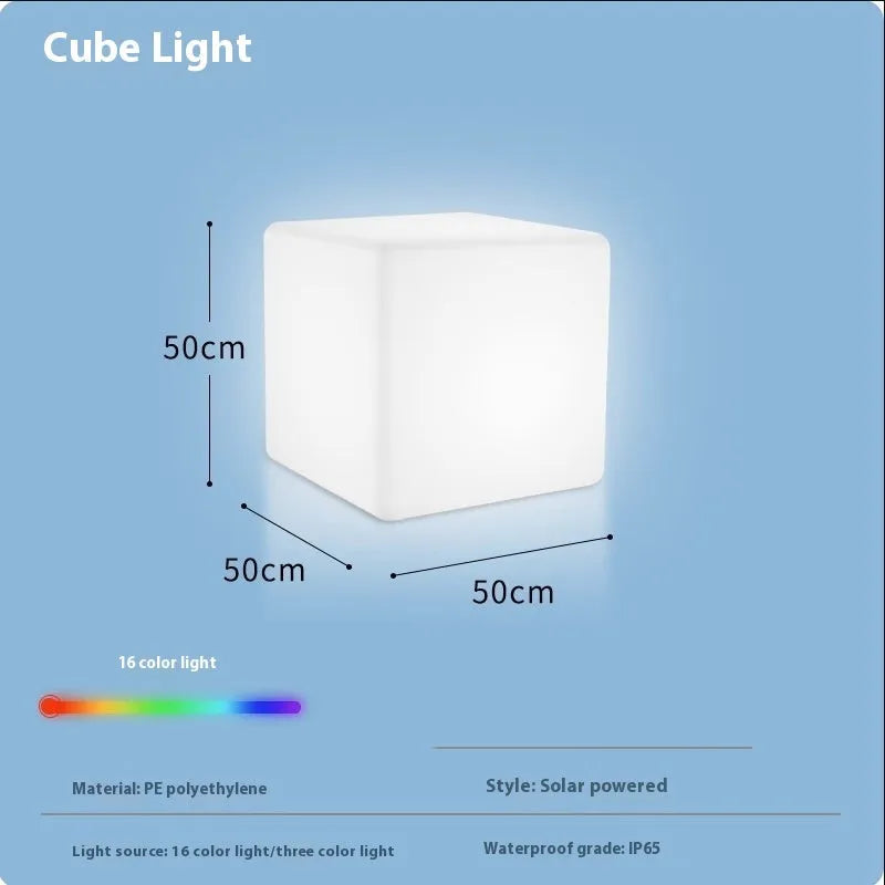 Modern square LED cube light for outdoor garden and patio use with waterproof IP65 rating.