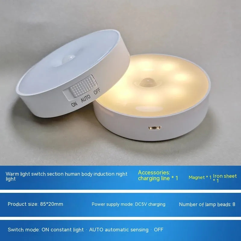 Small white USB rechargeable motion sensor LED night light with adhesive backing