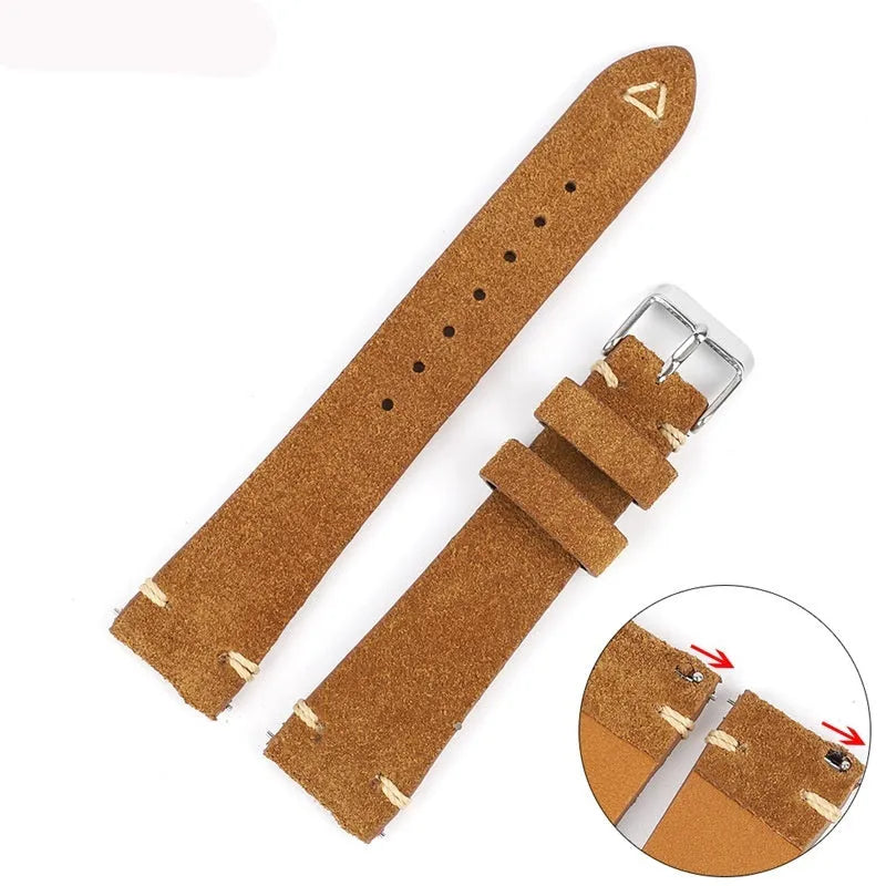 Genuine suede leather watch strap in brown, shown fitted to a watch with a 20mm lug width.
