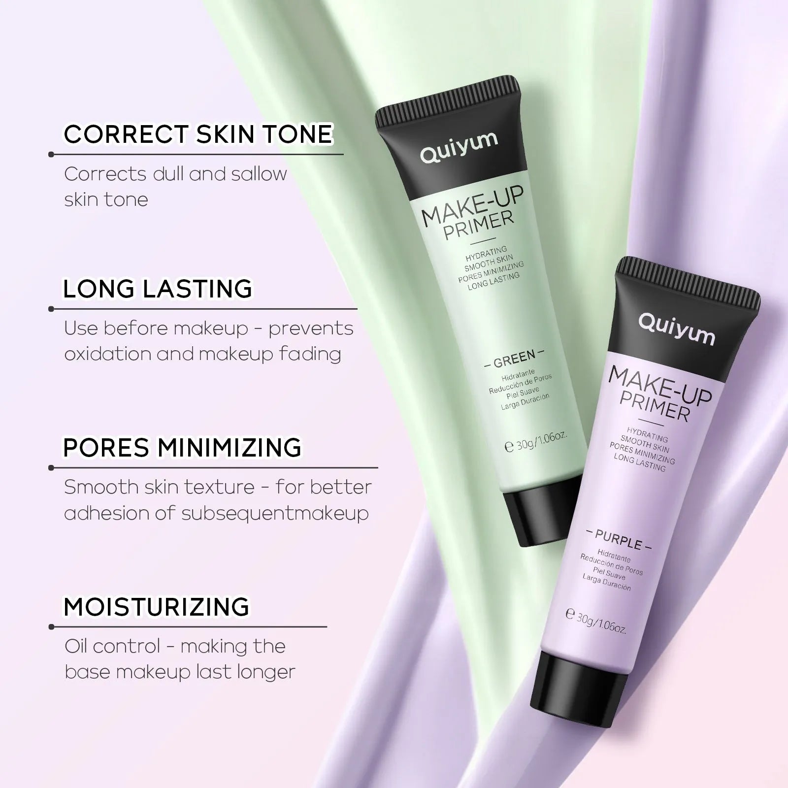 30g makeup primer colour correcting kit showing green, pink, and purple moisturising cream tubes