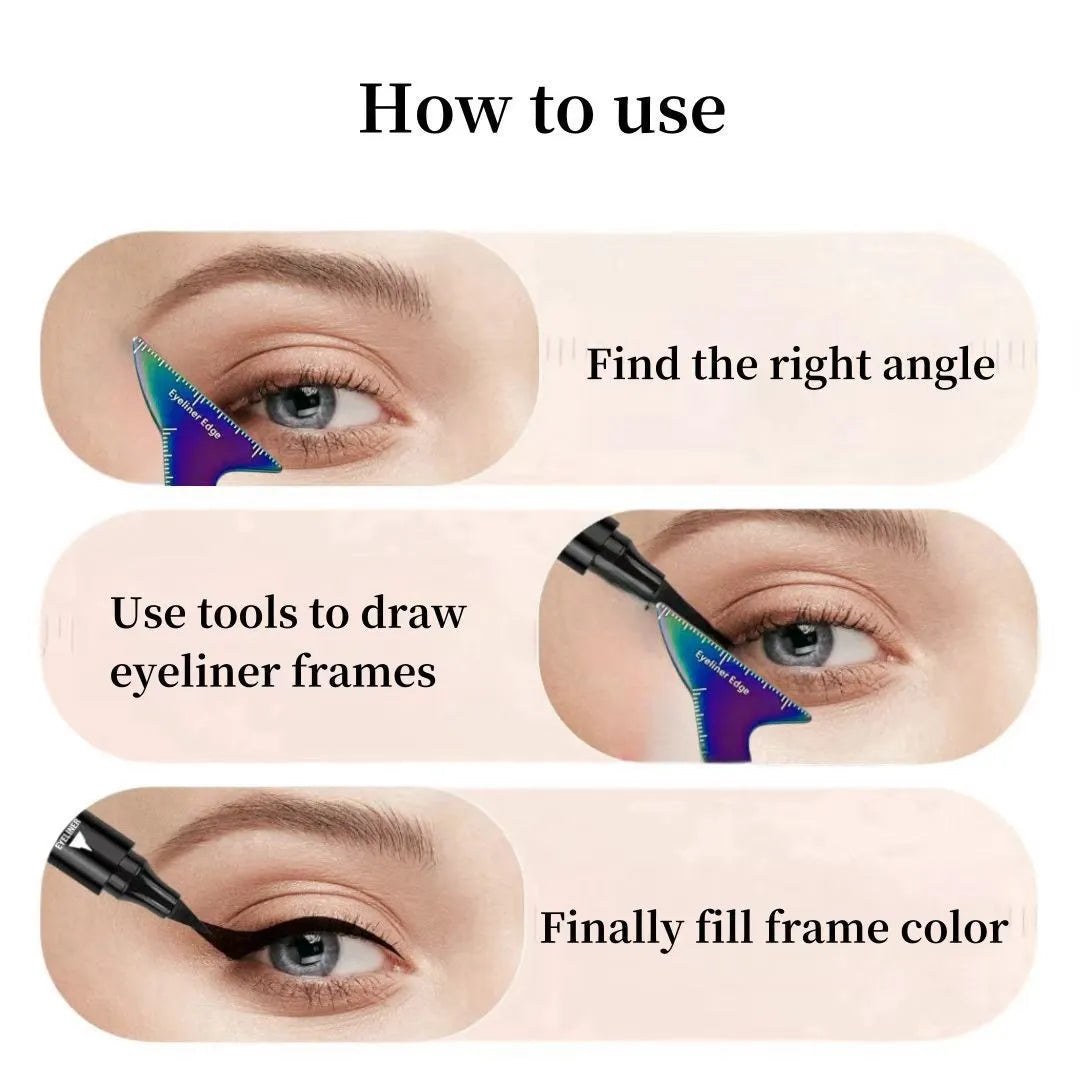 3-in-1 reusable eyeliner stencil tool for hooded eyes showing winged liner, eyebrow, and face contour guides