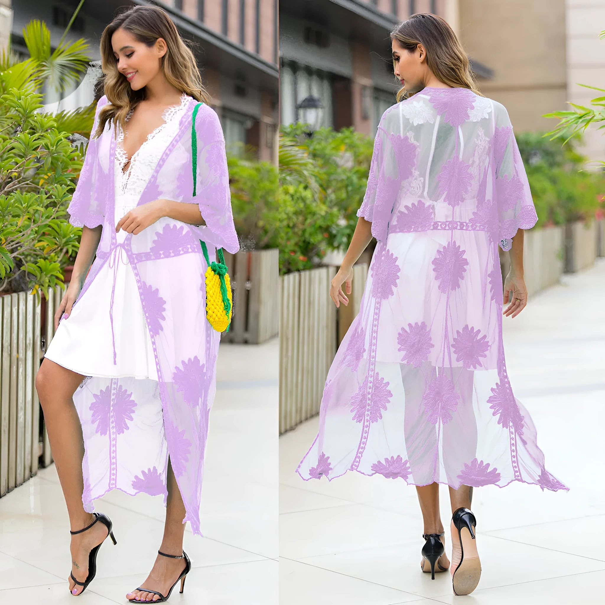 Light purple women's beach dress cardigan with lace embroidery swimsuit cover-up