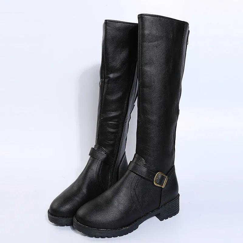 Women's black knight high boots with a square heel, round toe, and a belt buckle detail on the upper.