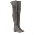 Women's grey suede over-the-knee flat boots with a pointed toe and thick low heel.